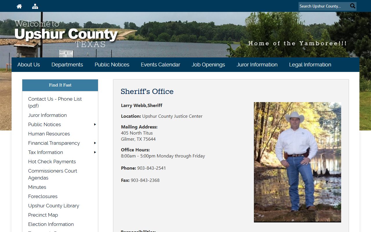 Upshur County Jail inmate lookup sheriff page with Daily Jail Report